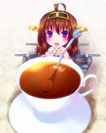  ahoge bad_id bad_pixiv_id brown_hair cup detached_sleeves door_to_heaven hairband japanese_clothes kantai_collection kongou_(kantai_collection) long_hair looking_at_viewer machinery minigirl nontraditional_miko open_mouth purple_eyes solo spoon sugar_cube tea teacup turret wide_sleeves 
