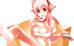  bad_id bad_pixiv_id breasts cellphone cleavage doughnut eating food headphones large_breasts long_hair looking_at_viewer nitroplus open_mouth pasties phone pink_hair red_eyes smartphone solo super_sonico tarai_(silica5) 