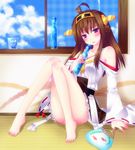  :p ahoge arm_support bad_id bad_pixiv_id barefoot brown_hair detached_sleeves door_to_heaven fan fish goldfish hairband hot ice ice_cube japanese_clothes kantai_collection kongou_(kantai_collection) long_hair nontraditional_miko paper_fan purple_eyes ramune sitting solo sweat tongue tongue_out uchiwa wide_sleeves 