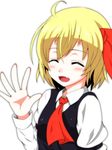  :d ^_^ ascot blonde_hair closed_eyes fang hair_ribbon highres open_mouth ribbon rumia s-ghost salute shirt short_hair simple_background smile solo touhou vest white_background 