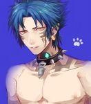  blue_background blue_hair collar dramatical_murder earrings jewelry male_focus paw_print pointy_ears ren_(dramatical_murder) shirtless solo spiked_collar spikes tattoo yellow_eyes yuta_arata 