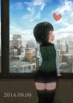  :d arm_support blush cityscape cloud dated day green_hair hairband heart idolmaster idolmaster_(classic) laki looking_at_viewer looking_back mole mole_under_mouth open_mouth otonashi_kotori red_eyes short_hair skirt sky smile solo thighhighs window 