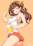  ;q alcohol alternate_costume ass bad_id bad_pixiv_id beer breasts brown_hair clenched_hand cowboy_shot cup double_bun headgear highres hooters impossible_clothes impossible_shirt kanna_kanaki kantai_collection kongou_(kantai_collection) long_hair medium_breasts mug no_legwear one_eye_closed orange_background shirt short_shorts shorts solo tank_top tongue tongue_out 