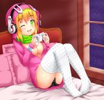  ;) bad_id bad_pixiv_id banana_(kuromaru9) black_panties blonde_hair blush borrowed_character breasts cleavage controller fast-runner-2024 full_body game_console game_controller gamepad green_eyes headphones hood hoodie medium_breasts no_bra no_pants no_shoes on_bed one_eye_closed original panties pantyshot pantyshot_(sitting) pillow polka_dot polka_dot_legwear scarf sitting smile solo thighhighs underwear unmoving_pattern white_legwear xbox_360 