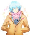  animal animal_in_clothes blue_hair clothed_animal coat dog dramatical_murder hands_in_pockets happy_birthday hat long_hair looking_at_viewer male_focus ren_(dramatical_murder) scarf seragaki_aoba smile yellow_eyes yuta_arata 