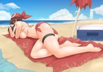  2014 absurdres barefoot beach beach_towel beach_umbrella bikini blue_eyes breasts brown_hair cloud dated day foreshortening gloves haruka_(pokemon) highres large_breasts lying nipples on_side outdoors pokemon pokemon_(game) sky solo stormcow swimsuit thigh_strap towel umbrella underboob water 