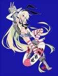  absurdly_long_hair blonde_hair blue_background elbow_gloves gloves hairband innertube kantai_collection long_hair looking_at_viewer rakuchii_(rurituvo) rensouhou-chan ribbon sailor_collar shimakaze_(kantai_collection) striped striped_legwear thighhighs very_long_hair white_gloves 