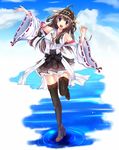  :d ahoge bad_hands black_eyes boots brown_hair cloud day detached_sleeves fule full_body hairband high_heel_boots high_heels highres kantai_collection kongou_(kantai_collection) leg_up long_hair nontraditional_miko ocean open_mouth pleated_skirt skirt sky smile solo standing standing_on_liquid standing_on_one_leg thigh_boots thighhighs wide_sleeves zettai_ryouiki 