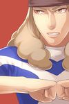  brown_eyes brown_hair clenched_teeth dolustoy earth_eleven face inazuma_eleven_(series) inazuma_eleven_go inazuma_eleven_go_galaxy kusaka_ryuuji male_focus open_eyes simple_background slit_pupils soccer_uniform solo sportswear teeth upper_body 