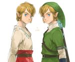  belt blonde_hair blue_eyes dual_persona earrings gloves hat jewelry link mi-e-ra multiple_boys pointy_ears sheath sheathed smile sword the_legend_of_zelda the_legend_of_zelda:_skyward_sword weapon 