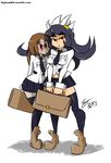  ankle_boots bag bigdead93 black_legwear boots breasts brown_hair carol_(skullgirls) filia_(skullgirls) flat_chest highres long_hair miniskirt multiple_girls necktie painwheel_(skullgirls) red_eyes samson_(skullgirls) scar school_bag school_briefcase school_uniform short_hair skirt skullgirls spoilers stitches thighhighs zettai_ryouiki 