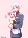  1girl bad_id bad_pixiv_id blush carrying child hair_bun heart kakumeiki_valvrave l-elf lieselotte_w_dorssia military military_uniform natsu_(360c) pink_hair purple_eyes robe short_hair silver_hair stuffed_animal stuffed_bunny stuffed_toy time_paradox uniform younger 