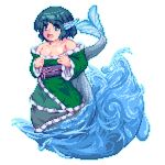  animal_ears blue_eyes blue_hair breasts cleavage head_fins japanese_clothes kimono kisasage_kouta long_sleeves lowres mermaid monster_girl obi pixel_art sash short_hair small_breasts solo touhou transparent_background wakasagihime water wide_sleeves 