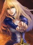  ahoge artoria_pendragon_(all) bad_id bad_pixiv_id blonde_hair excalibur fate/stay_night fate_(series) green_eyes hair_down long_hair mr.jj planted_sword planted_weapon saber solo sword weapon 