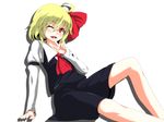  ;d ascot blonde_hair fang hair_ribbon highres one_eye_closed open_mouth red_eyes ribbon rumia s-ghost shadow shirt short_hair simple_background sitting skirt smile solo touhou vest white_background 