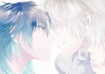  blue_hair clear_(dramatical_murder) closed_eyes couple dramatical_murder imminent_kiss male_focus multiple_boys seragaki_aoba smile white_hair yaoi yellow_eyes yuta_arata 