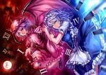  bat_wings blue_eyes blue_hair braid hat highres izayoi_sakuya knife maid maid_headdress moon multiple_girls red_eyes remilia_scarlet roman_numerals short_hair silver_hair sky smile touhou twin_braids uu_uu_zan wings 