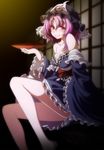  absurdres bad_id bad_pixiv_id bare_legs bare_shoulders barefoot blush breasts cleavage collarbone cup dark_background hat highres holding indoors japanese_clothes kimono large_breasts looking_at_viewer mob_cap obi purple_eyes purple_hair s-syogo saigyouji_yuyuko sakazuki sash sitting smile solo touhou triangular_headpiece wavy_hair 