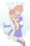  blush brown_hair carrying closed_eyes dolustoy earth_eleven halftone inazuma_eleven_(series) inazuma_eleven_go inazuma_eleven_go_galaxy kusaka_ryuuji male_focus matsukaze_tenma multiple_boys open_mouth piggyback simple_background white_background 