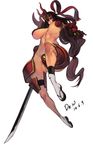  abs armor bouncing_breasts breasts brown_hair dr.wolf huge_breasts katana long_hair samurai solo sword weapon white_background 