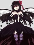  :d akemi_homura akuma_homura argyle argyle_legwear bare_shoulders black_dress black_gloves black_hair bow choker dress elbow_gloves feathered_wings gloves grey_background hair_bow highres long_hair looking_at_viewer mahou_shoujo_madoka_magica mahou_shoujo_madoka_magica_movie open_mouth outstretched_arms purple_eyes sensiye simple_background smile solo spoilers spread_arms thighhighs wings zettai_ryouiki 