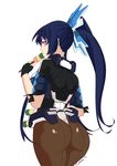  ass back-seamed_legwear bad_id bad_tumblr_id blue_hair dango eating food hair_ornament honda_futayo kyoukaisenjou_no_horizon long_hair looking_back pantyhose ponytail purple_eyes revealing_clothes saane seamed_legwear solo wagashi 