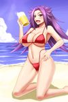  beach beer_mug bikini blue_sky breasts cleavage cloud collarbone commentary_request cup day fang highleg highleg_bikini highleg_swimsuit highres holding holding_cup jun'you_(kantai_collection) kantai_collection kneeling large_breasts navel ocean open_mouth outdoors purple_eyes purple_hair red_bikini shuugetsu_karasu sky smile solo sweat swimsuit underboob water 