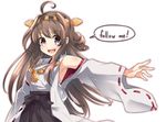  :d ahoge armpits bad_id bad_pixiv_id bare_shoulders blue_eyes brown_hair detached_sleeves english hairband japanese_clothes kantai_collection kongou_(kantai_collection) long_hair looking_at_viewer nontraditional_miko open_mouth outstretched_arm ribbon-trimmed_sleeves ribbon_trim simple_background smile solo supuringe white_background 