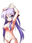  arms_up bikini blue_eyes breasts hiiragi_kagami large_breasts long_hair lucky_star mizushima_(p201112) mouth_hold purple_hair solo swimsuit untied 