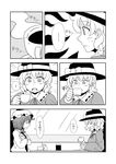  bow comic doujinshi dress greyscale hair_bow hat headwear_switch highres jiru_(jirufun) maribel_hearn monochrome multiple_girls necktie ribbon short_hair touhou translated usami_renko 