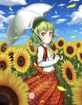  cloud cloudy_sky day field flower green_hair kazami_yuuka nyangvh parasol petals plaid plaid_skirt plaid_vest red_eyes shirt short_hair skirt sky smile sunflower touhou umbrella vest 