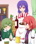  :d alcohol arm_support beer blue_hair blush cactus curtains fenikkusu_takahashi green_eyes green_hair hat hat_removed headwear_removed horikawa_raiko multiple_girls nagae_iku no_hat no_headwear open_mouth plant potted_plant power_connection red_eyes red_hair short_hair smile soga_no_tojiko touhou 
