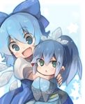  bad_id bad_pixiv_id blue_dress blue_eyes blue_hair blush bow cirno crossover dress fang fubukihime green_eyes hair_bow long_hair looking_at_viewer multiple_girls nankai open_mouth ponytail power_connection short_hair star touhou wings youkai youkai_watch 