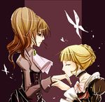  bangs beatrice blonde_hair brown_eyes brown_hair bug butterfly choker closed_eyes dress end_of_the_golden_witch gigi hand_kiss insect kiss long_hair multiple_girls necktie open_mouth ponytail ribbon umineko_no_naku_koro_ni ushiromiya_natsuhi yuri 