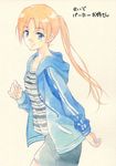  agahari blue_eyes character_request hood hooded_track_jacket hoodie jacket looking_at_viewer open_clothes open_hoodie orange_hair ponytail shorts smile solo striped track_jacket traditional_media translation_request 