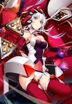  armpits bad_id bad_pixiv_id bare_shoulders breasts cleavage covered_navel grin headgear highres koko_shiguma medium_breasts red_eyes red_legwear senki_zesshou_symphogear silver_hair smile solo weapon yukine_chris 