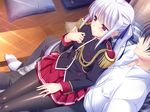  1girl black_hair black_legwear blue_ribbon embarrassed game_cg hair_ribbon hetero komori_kei lisa_eostre mizuno_takahiro pantyhose red_eyes ribbon silver_hair sitting sitting_on_lap sitting_on_person twintails walkure_romanze 