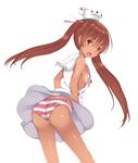  ass breasts brown_eyes brown_hair dark_skin dress fang from_behind hat highres kantai_collection kiyomin libeccio_(kantai_collection) long_hair looking_back open_mouth panties ribbon short_dress side_slit sideboob sleeveless sleeveless_dress small_breasts solo striped striped_panties underwear wind wind_lift 