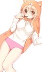  animal_hood bad_id bad_pixiv_id blush brown_eyes cameltoe doma_umaru food highres himouto!_umaru-chan hmniao hood light_brown_hair long_hair looking_at_viewer panties pink_panties pinky_out pocky solo underwear white_background 