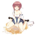  accident alcohol alternate_costume apron bangs bare_legs beer beer_mug blouse blue_skirt blunt_bangs blush bodice brown_eyes brown_footwear brown_hair collarbone crying cup d: dirndl foam full_body german_clothes hat kantai_collection looking_at_viewer mug nakadori_(movgnsk) no_socks off_shoulder oktoberfest open_mouth puddle puffy_short_sleeves puffy_sleeves shoes short_hair short_sleeves simple_background sitting skirt solo spill tears translation_request v_arms wariza white_background white_blouse z3_max_schultz_(kantai_collection) 