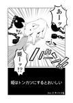  crown cuffs dated emphasis_lines greyscale isakawa_megumi monochrome no_humans original pig translated 