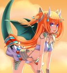  :d arched_back beads between_breasts bikini_top blue_eyes breasts cloud cowboy_shot dragon_girl dragon_tail dragon_wings earrings facial_mark gem green_wings hair_ornament horns jewelry kawagoe_pochi leaning_forward long_hair looking_at_viewer midriff navel open_mouth orange_hair panties pendant pointy_ears scales shironeko_project skinny skirt sleeveless smile solo tail tail_ornament tetra_(shironeko_project) two_side_up underwear very_long_hair white_panties white_skirt wings wrist_cuffs 