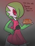  artist_name artist_request clothed_pokemon empty_eyes english food gardevoir gen_3_pokemon gradient gradient_background green_hair no_humans open_mouth pancake pokemon pokemon_(creature) red_eyes solo spatula white_skin yandere 