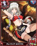  artist_request braid breasts card_(medium) character_name chess_piece grayfia_lucifuge grey_eyes high_school_dxd large_breasts lipstick long_hair maid_headdress makeup midriff official_art red_lipstick silver_hair solo thighhighs trading_card twin_braids 
