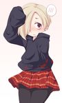  asymmetrical_hair bad_id bad_pixiv_id black_legwear blonde_hair blush commentary ear_piercing earrings full-face_blush hair_over_one_eye idolmaster idolmaster_cinderella_girls jewelry oversized_clothes pantyhose piercing plaid plaid_skirt sanpaku shirasaka_koume short_hair shy skirt sleeves_past_fingers sleeves_past_wrists solo spoken_blush stud_earrings sweater ushi 