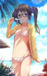  beach bikini black-framed_eyewear black_hair breasts food glasses hood hood_down hoodie jacket long_hair ocean open_clothes open_hoodie original polka_dot polka_dot_bikini polka_dot_swimsuit popsicle purple_eyes sakusaku side-tie_bikini small_breasts solo swimsuit twintails 