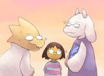  2girls alphys androgynous animal_ears arms_behind_back bespectacled boke-chan commentary_request frisk_(undertale) furry glasses goat_ears goat_girl gradient gradient_background horns labcoat multiple_girls shirt striped striped_shirt toriel undertale upper_body yellow_skin 