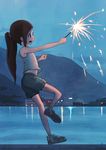  absurdres brown_hair commentary_request fireworks highres long_hair mountain open_mouth original ponytail reflection sacrack scenery senkou_hanabi shoes shorts sneakers solo sparkler vest water 