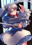  blue_eyes dress holding holding_sword holding_weapon left-handed long_hair myrtenaster ponytail rapier rwby scar scar_across_eye solo sword touboku weapon weiss_schnee white_hair 