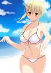  absurdres ahoge alternate_breast_size artoria_pendragon_(all) bikini blonde_hair blush breasts cleavage cloud day derivative_work fate/stay_night fate_(series) highres ice_spirit_tarot medium_breasts outdoors saber sky smile solo swimsuit thighs yellow_eyes 
